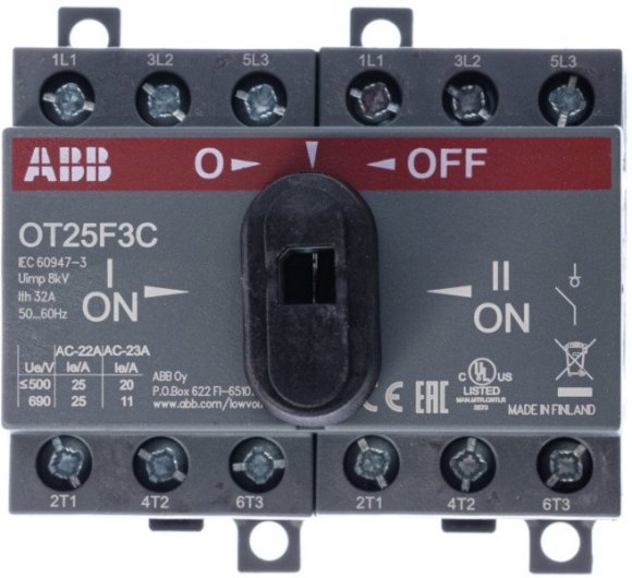 Реверсивный рубильник OT25F3С до 25А 3х-полюсный для установки на DIN-рейку или монтажную плату (с резерв. ручкой), 1SCA104863R1001 в Новосибирске