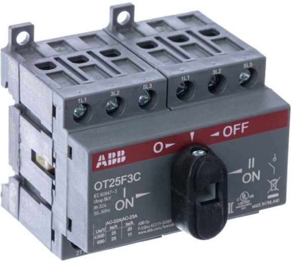 Реверсивный рубильник OT25F3С до 25А 3х-полюсный для установки на DIN-рейку или монтажную плату (с резерв. ручкой), 1SCA104863R1001 в Новосибирске